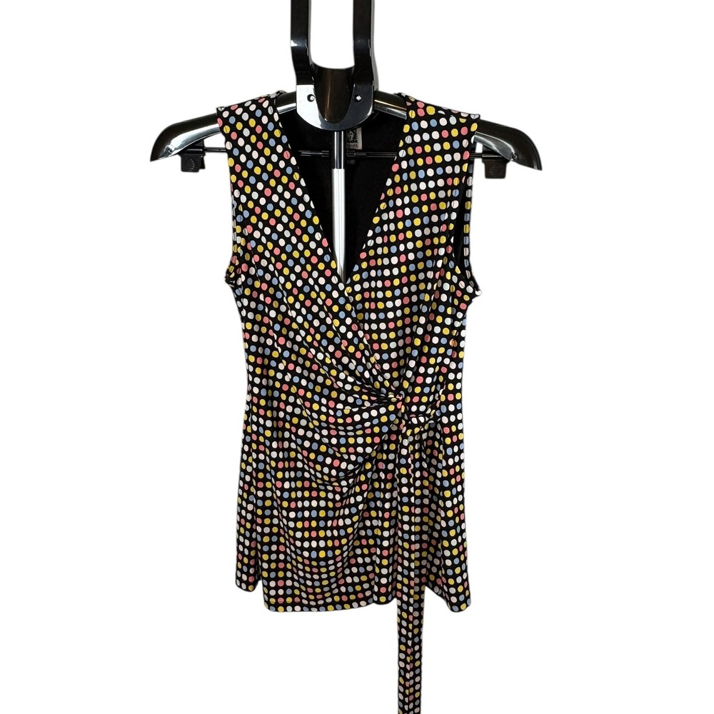 Anne Klein Womens Polka Dot Wrap Top Black Multi Sleeveless V-Neck XS